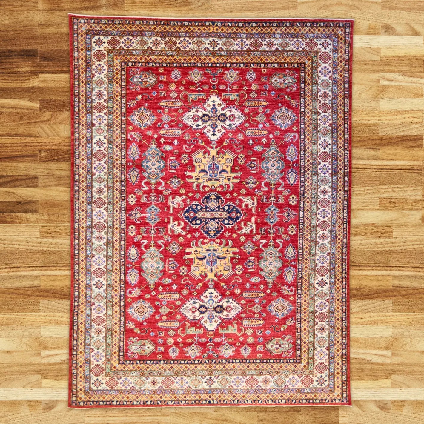 9'0" x 12'4" RED AND BEIGE KAZAK GEOMETRIC PAKISTANI RUG