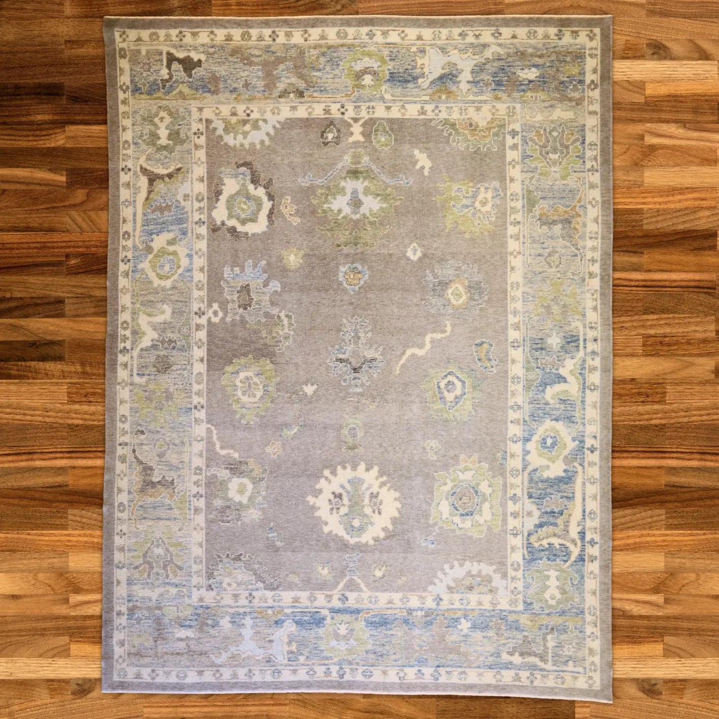 9'6" x 12'8" GRAY AND BLUE GEOMETRIC OUSHAK TURKISH RUG