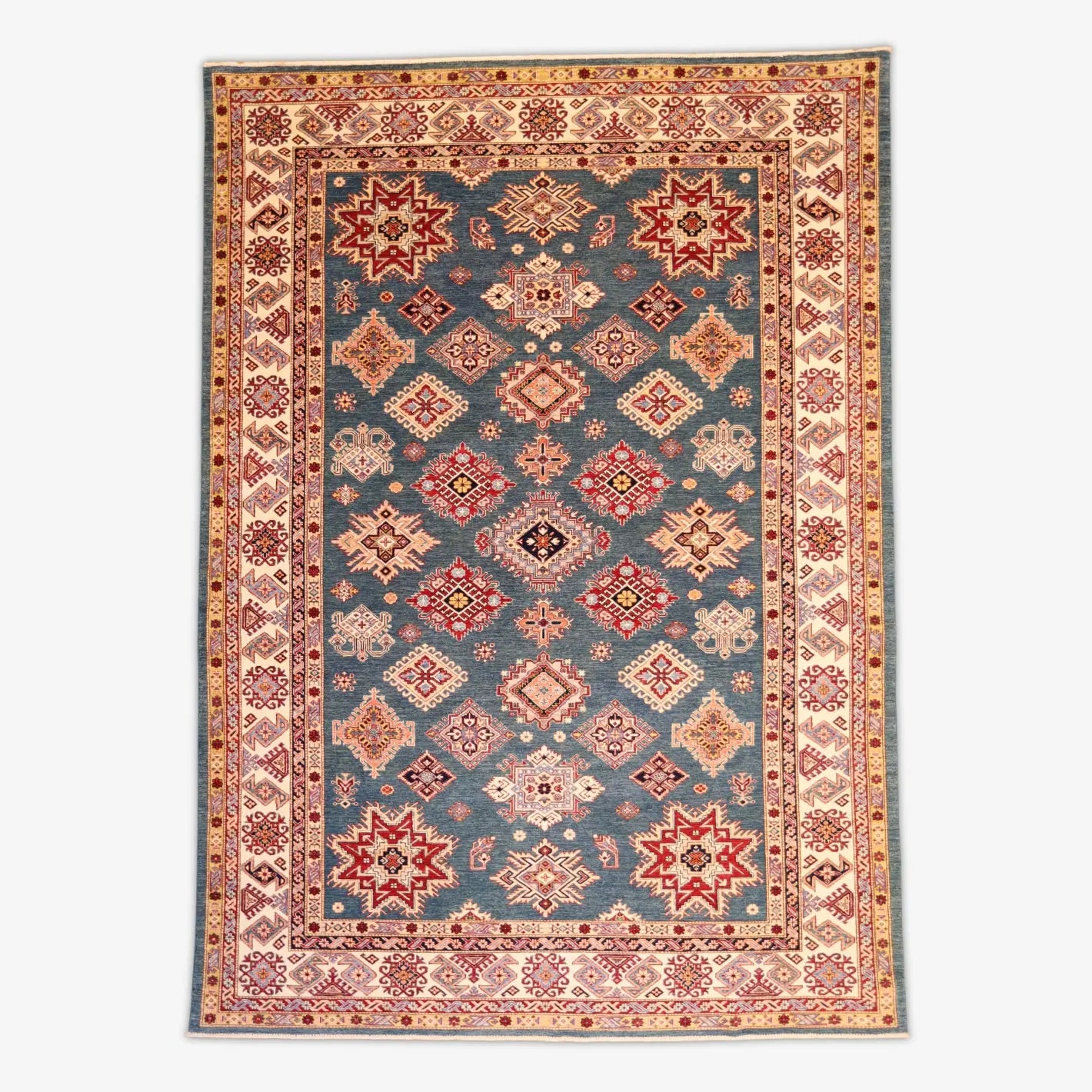 8'10" x 12'5" GREEN AND BEIGE KAZAK GEOMETRIC PAKISTANI RUG