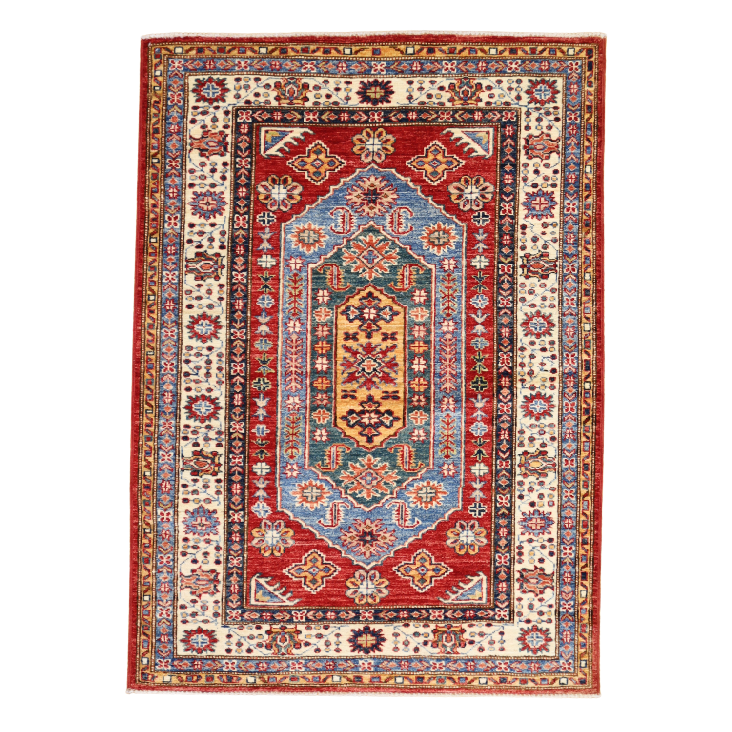 3'6" x 4'10" RED AND IVORY KAZAK GEOMETRIC PAKISTANI RUG