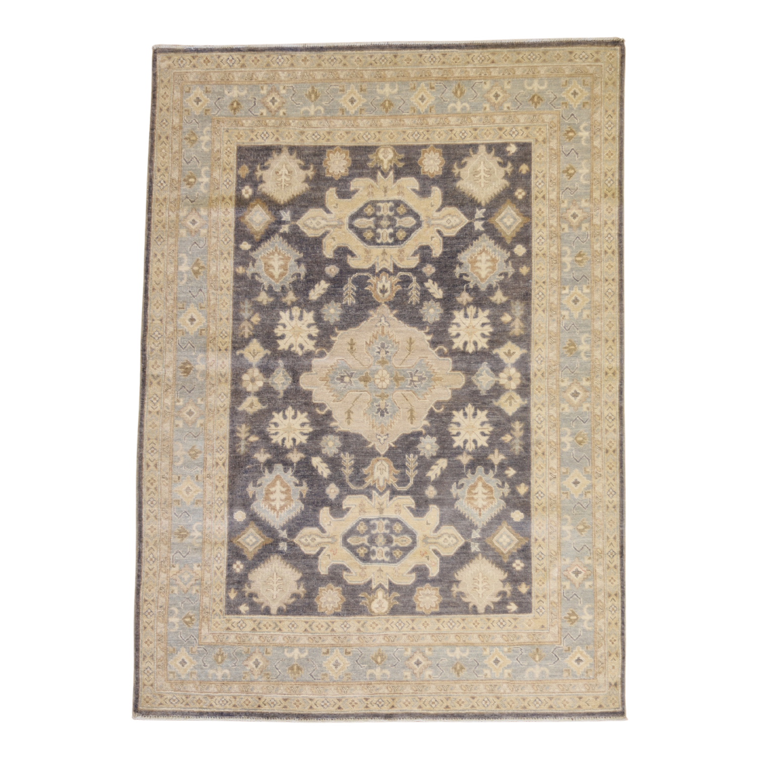 4'9" x 6'8" GRAY AND BLUE PESHAWAR GEOMETRIC PAKISTANI RUG