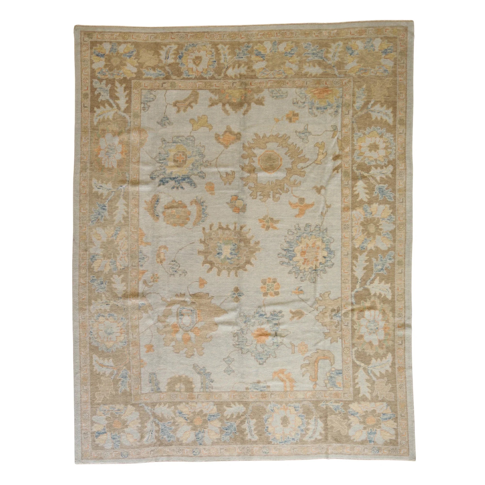 8'6" x 10'11" BLUE AND TAN OUSHAK GEOMETRIC TURKISH RUG