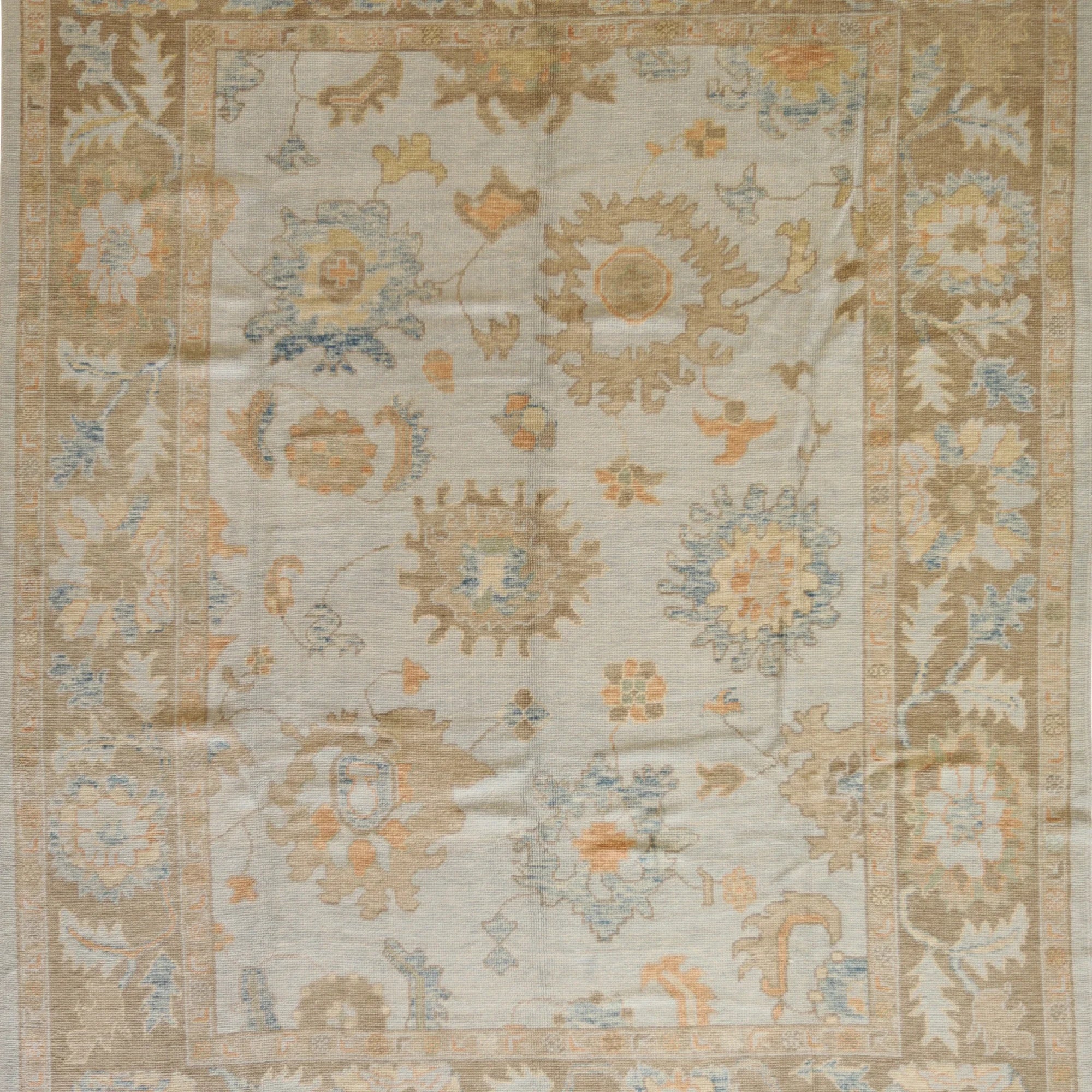 8'6" x 10'11" BLUE AND TAN OUSHAK GEOMETRIC TURKISH RUG
