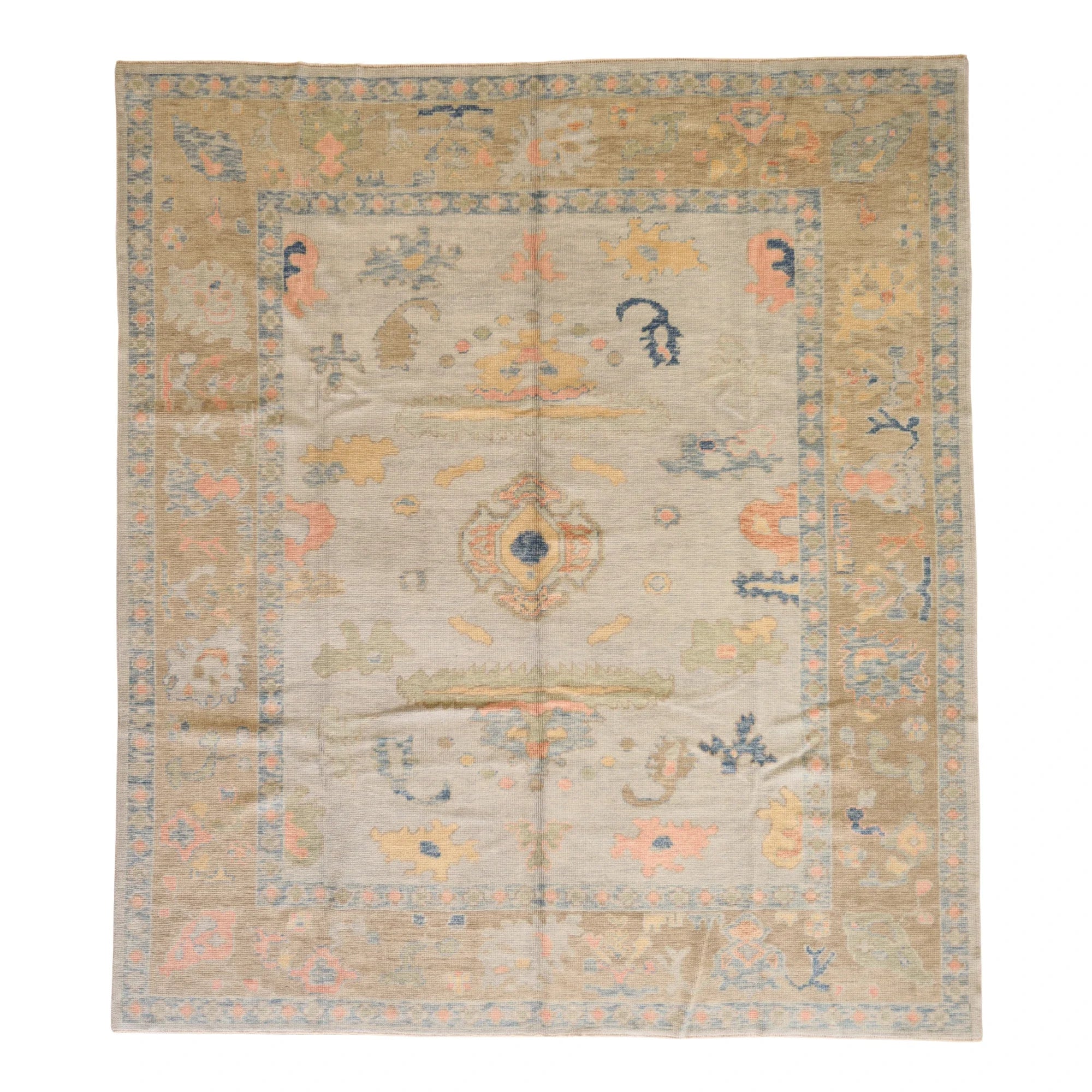 8'5" x 9'6" BLUE AND TAN OUSHAK GEOMETRIC TURKISH RUG