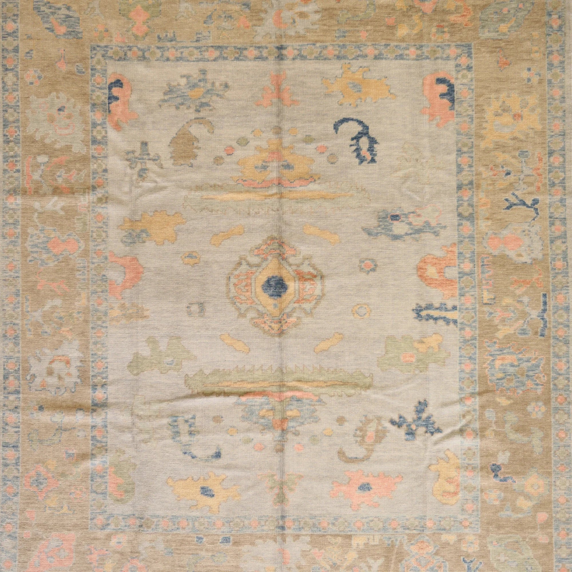 8'5" x 9'6" BLUE AND TAN OUSHAK GEOMETRIC TURKISH RUG