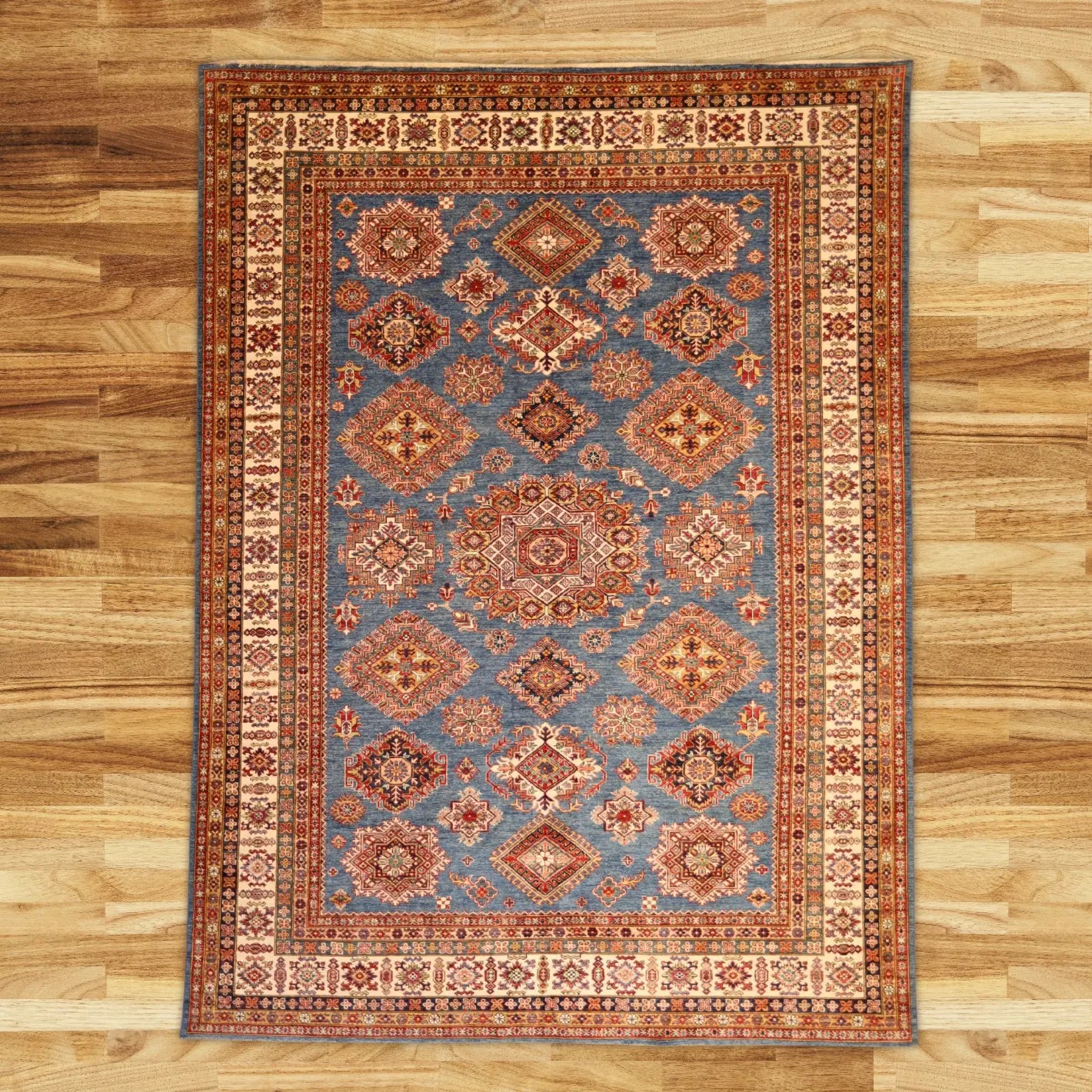 8'9" x 11'11" BLUE AND BEIGE KAZAK GEOMETRIC PAKISTANI RUG