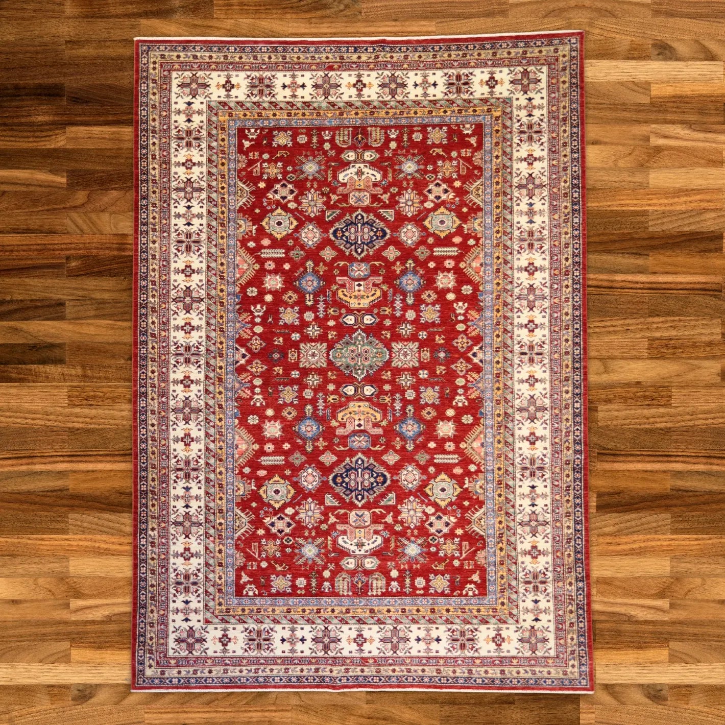 9'0" x 12'8" RED AND BEIGE KAZAK GEOMETRIC PAKISTANI RUG