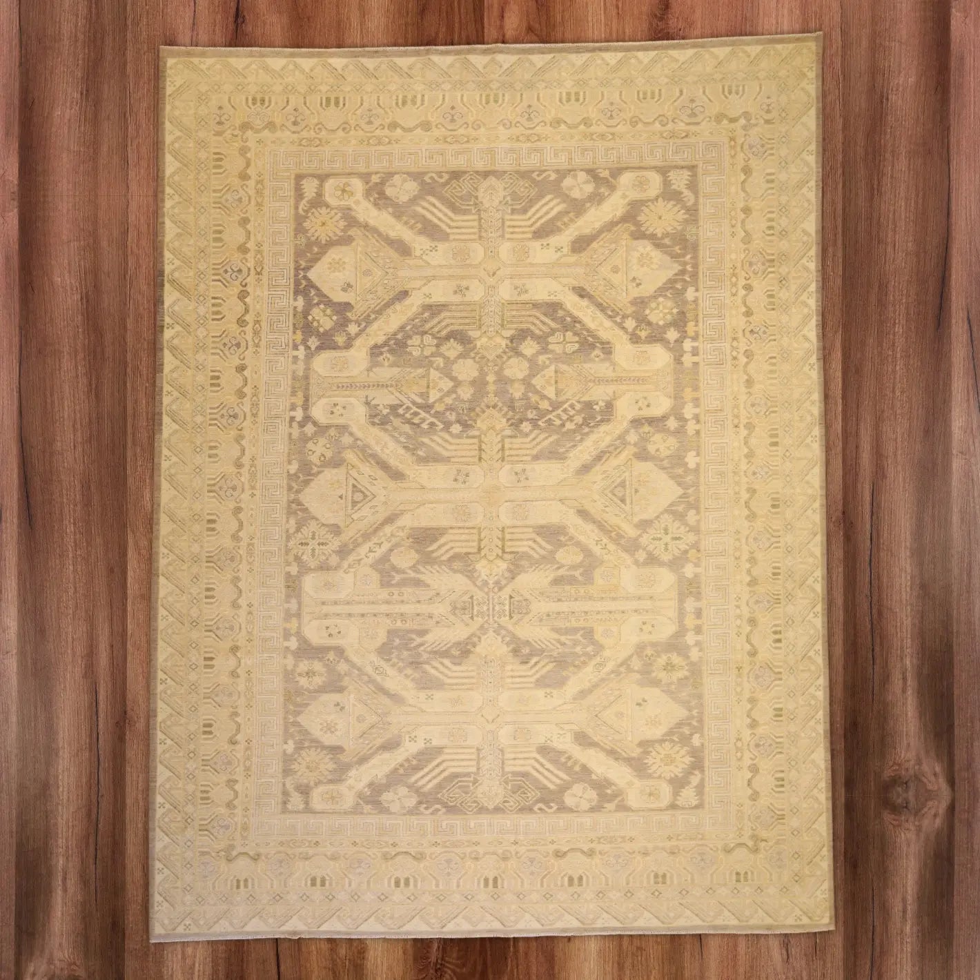 8'9" x 11'10" TAUPE AND MULTICOLOR GEOMETRIC PESHAWAR PAKISTANI RUG