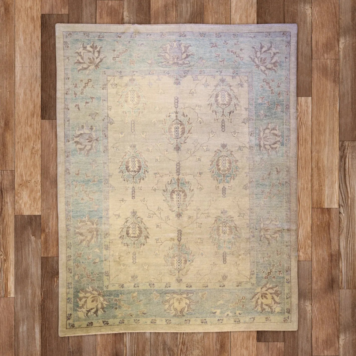9'5" x 12'1" BLUE AND AQUA OUSHAK GEOMETRIC TURKISH RUG