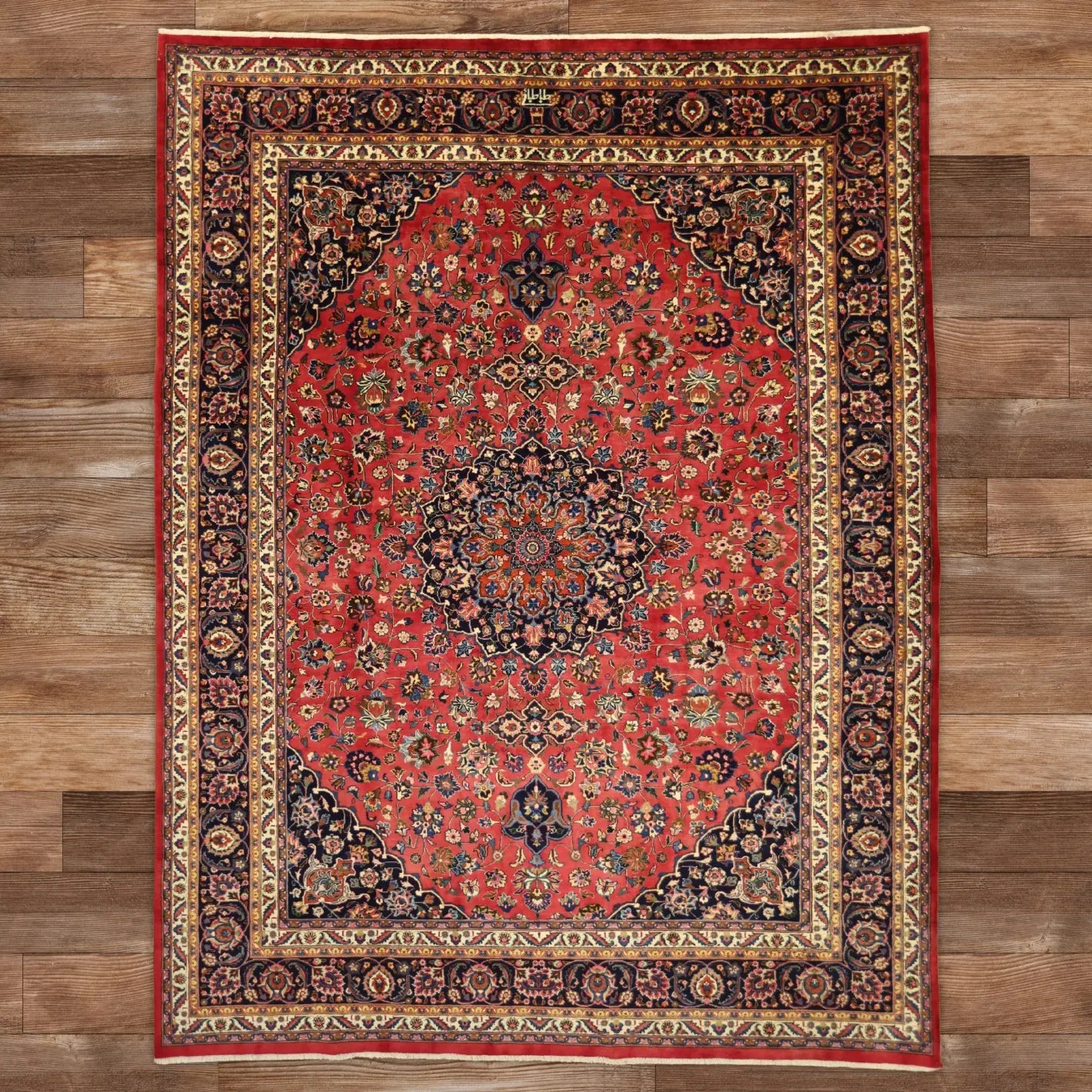10'0" x 13'0" RED AND NAVY MASHAD ANTIQUE PERSIAN RUG