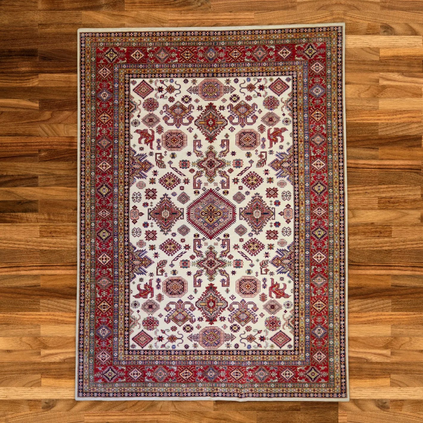 9'0" x 12'4" BEIGE AND RED KAZAK GEOMETRIC PAKISTANI RUG