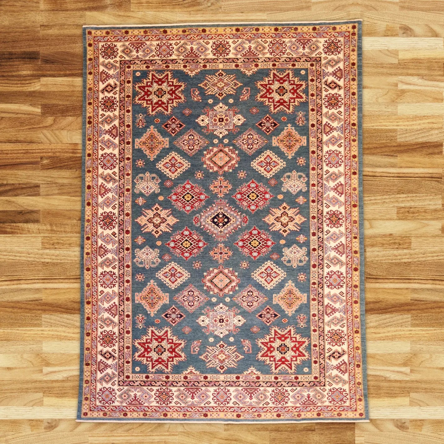8'10" x 12'5" GREEN AND BEIGE KAZAK GEOMETRIC PAKISTANI RUG